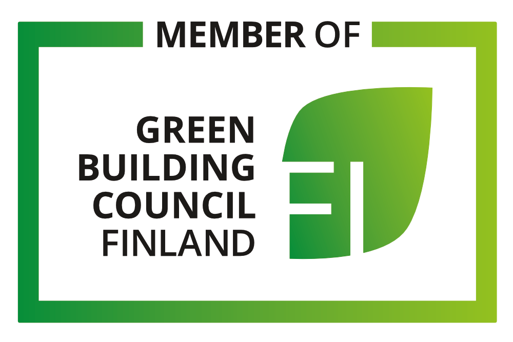 Vihreäsävyinen logo jossa lukee member of green building council finland.