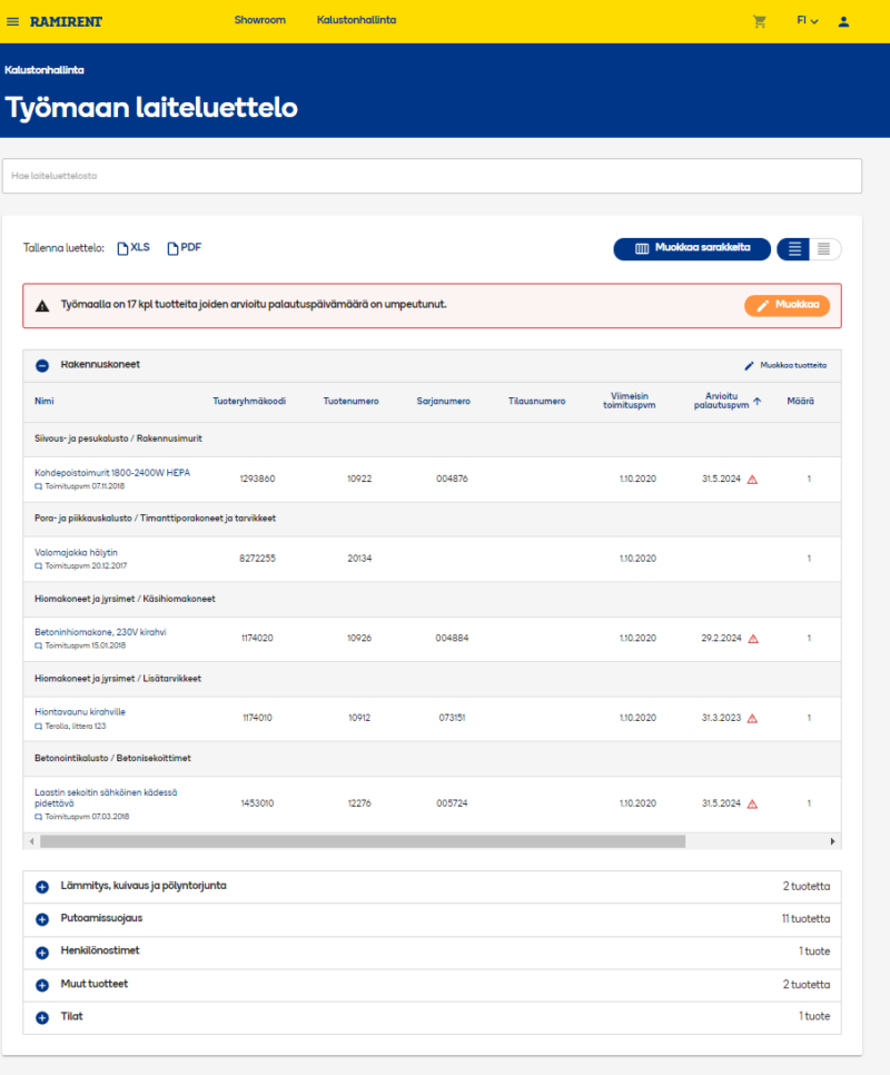 RamiSmart-palvelun näkymä työmaan laiteluetteloon.