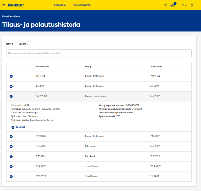 RamiSmart-palvelun näkymä tilaus- ja palautushistoriaan.