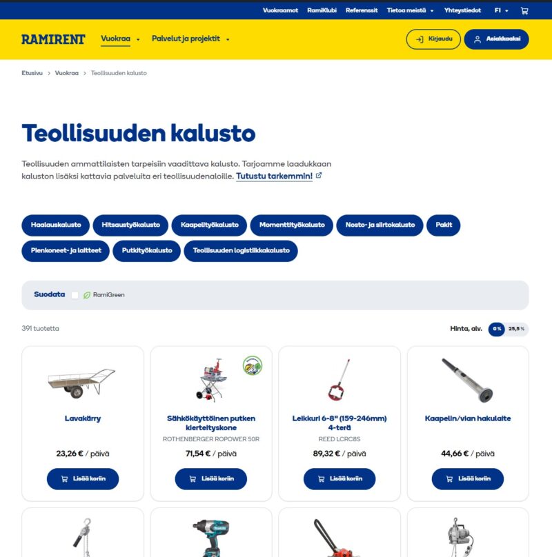 Kuva Ramirentin nettisivujen tuoteosiosta.